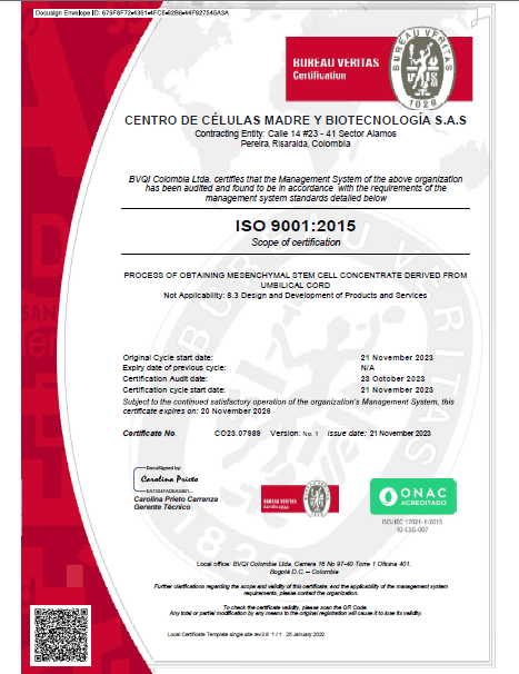 Regencord - Stem Cell Therapy Center in Pereira, Colombia Certificate