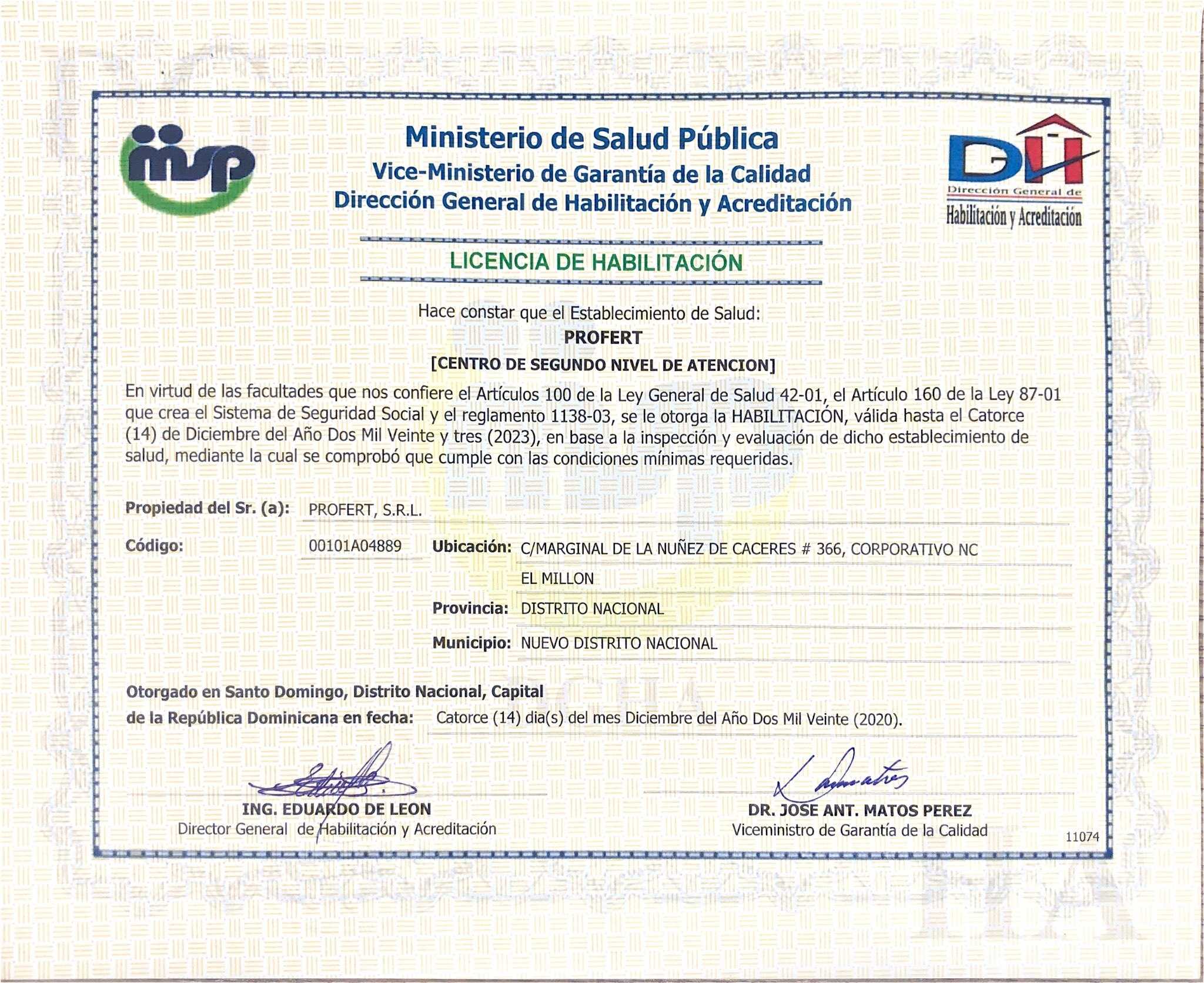 Certificado de PROFERT - FIV en Santo Domingo, República Dominicana