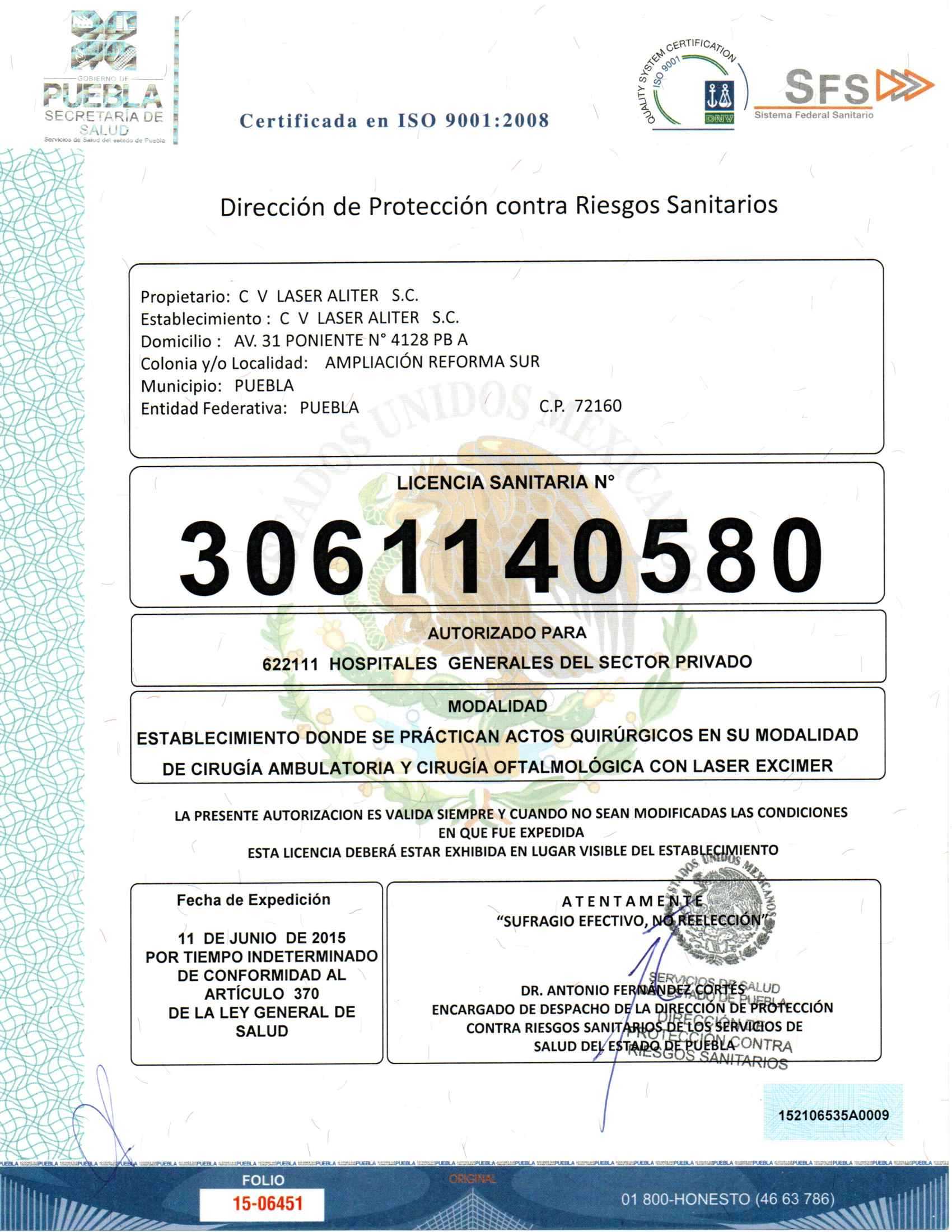 Certificate - Licencia Sanitaria