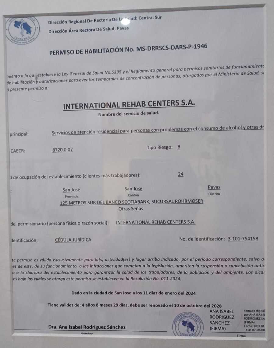 Centro de Tratamiento de Costa Rica en San José, Costa Rica Certificado