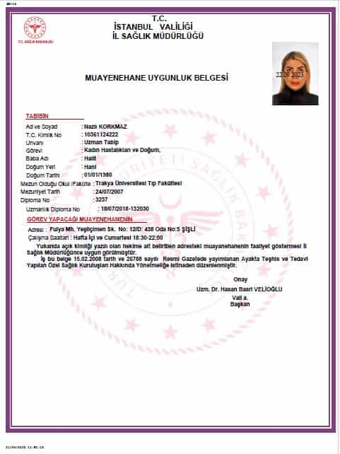 Op. Dr. Nazli Korkmaz Certificate