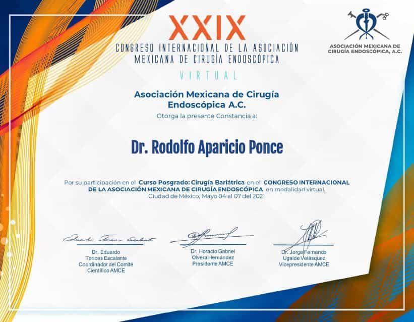 Certificado de la Asociación Mexicana de Cirugía Endoscópica A.C.