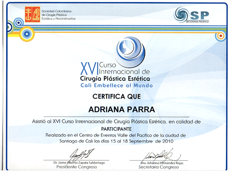 Certificado Sociedad Colombiana de Cirugía Plástica