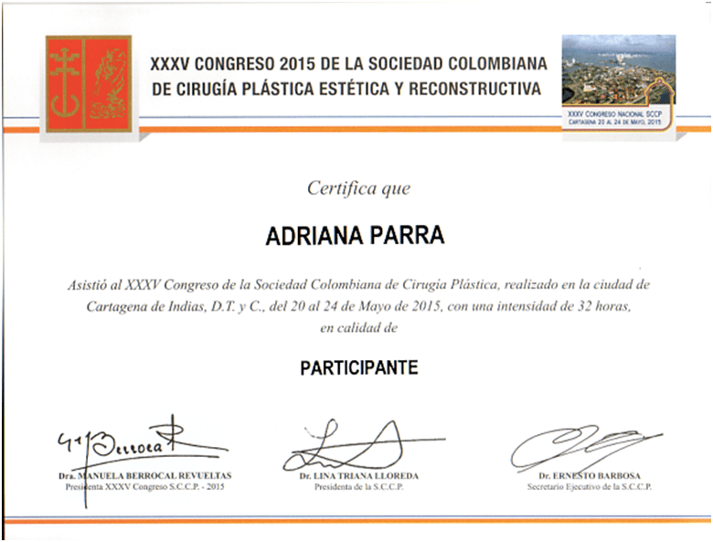 Certificado del 35° Congreso de Cirugía Plástica Estética