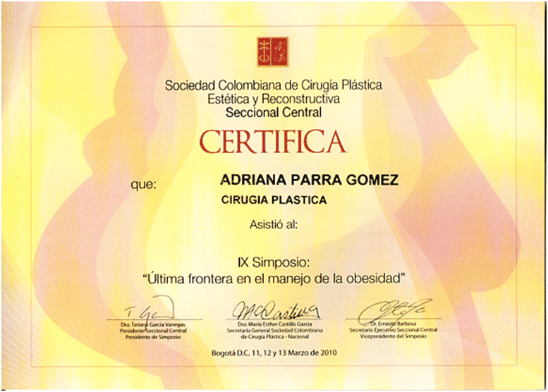 Certificado Sección Central de la Sociedad Colombiana de Cirugía Plástica