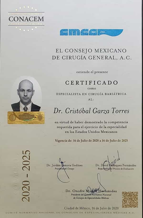 Certificado CONACEM Dr. Cristóbal Garza