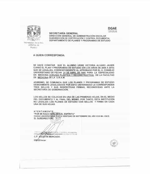 Dr. Alvaro Uribe Plastic Surgery Certificate