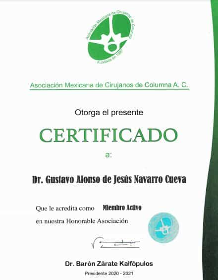 Mexican Association of Spine Surgeons A.C. Certificate