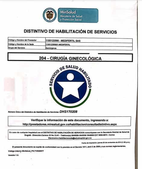 Certificado del Ministerio de Salud, Eugin Colombia FIV