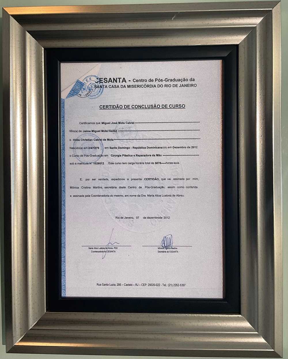 Dr. Miguel Mota Certificate