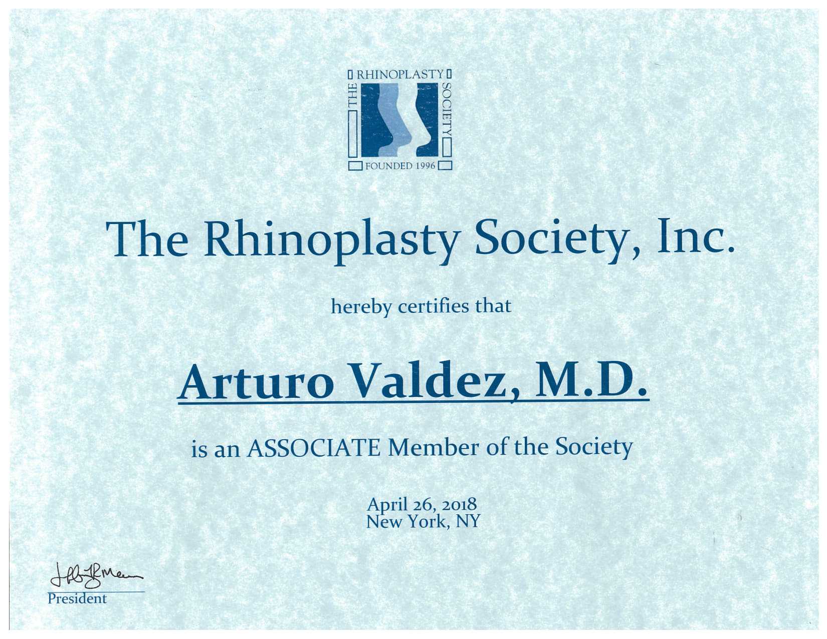 Certificado de la Sociedad de Rinoplastia