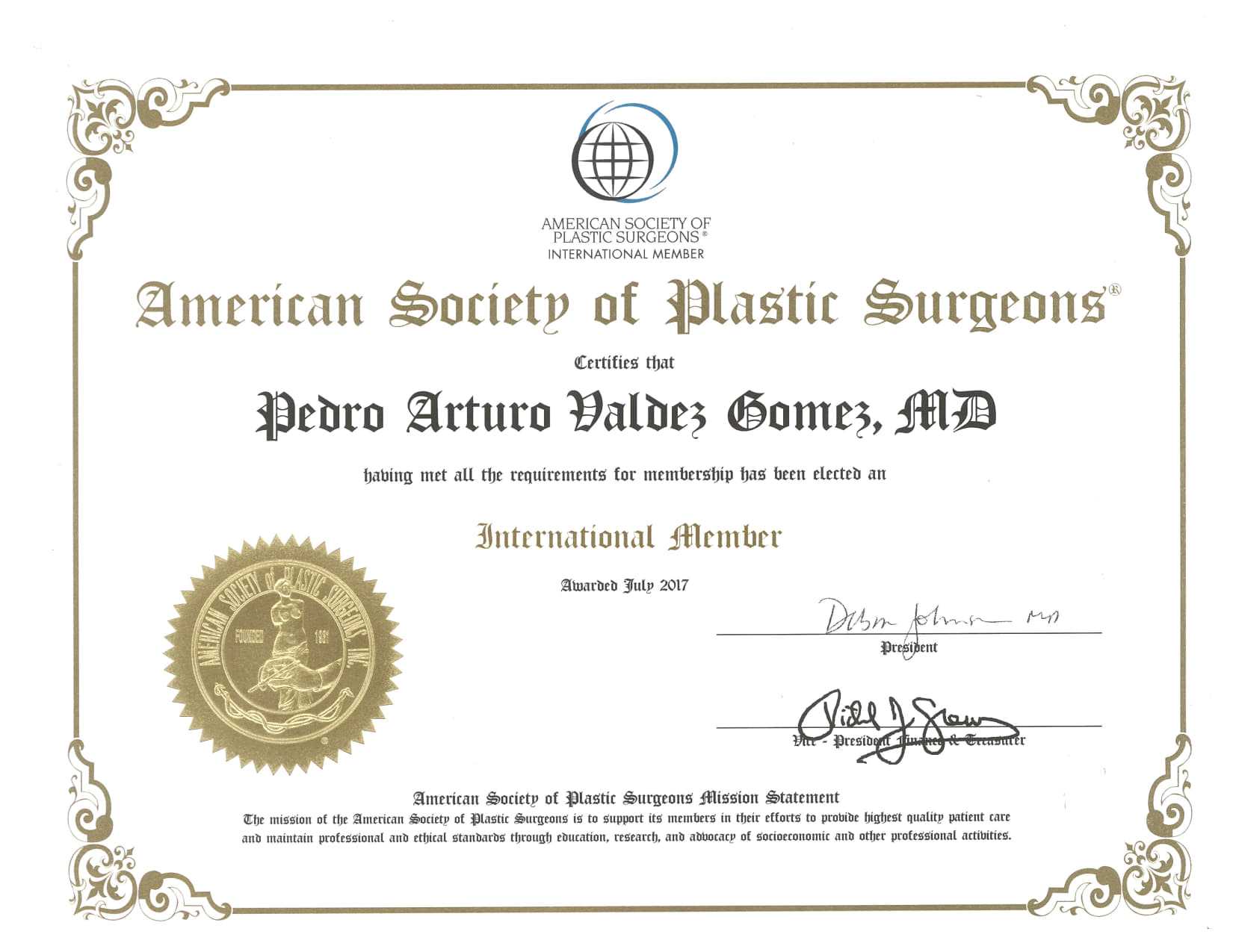 American Society of Plastic Surgeons Certificate