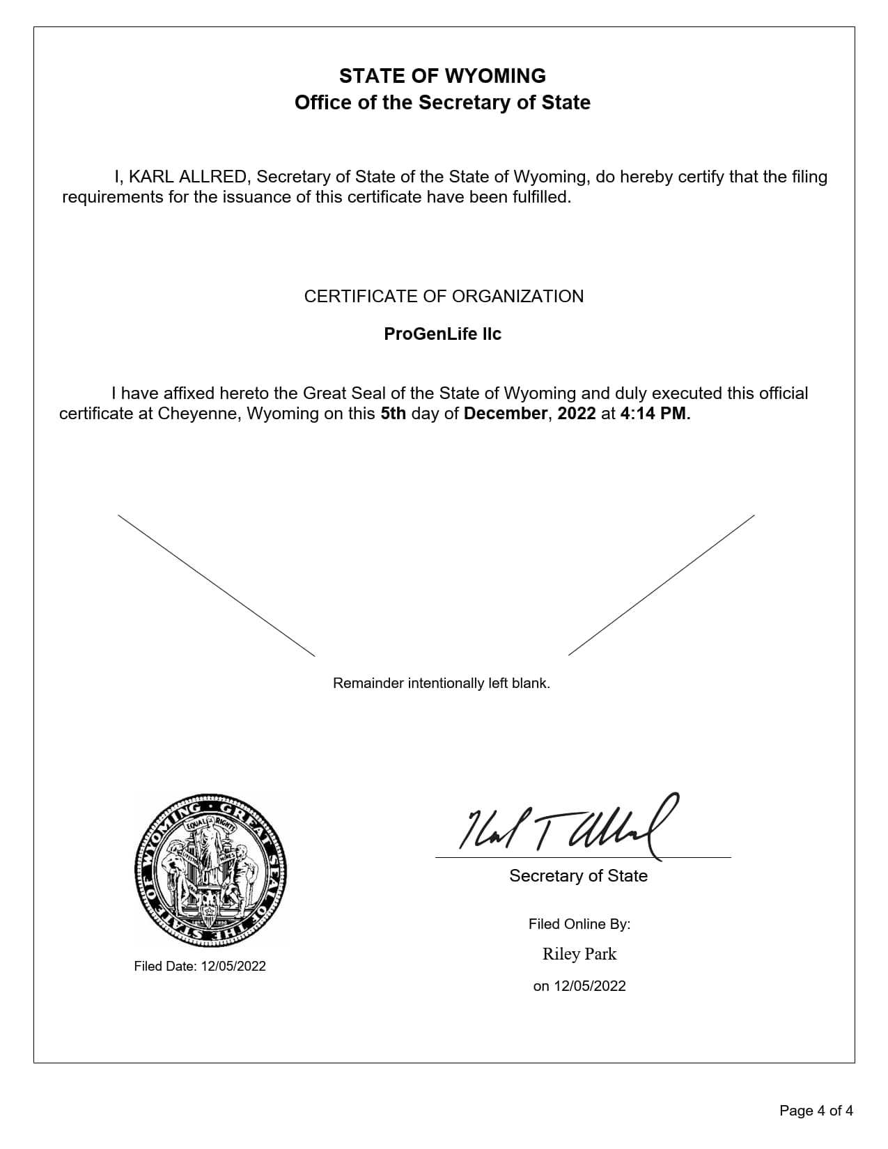 FertilyLife Certificate by State of Wyoming