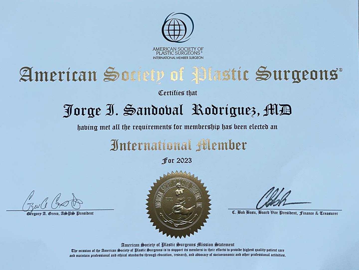 American Society of Plastic Surgeon Certificate