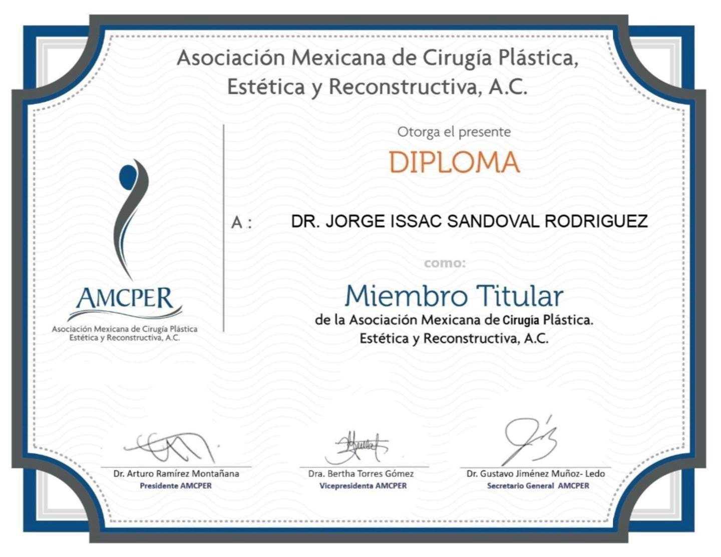 Certificado de la Asociación Mexicana de Cirugía Plástica Estética y Reconstructiva