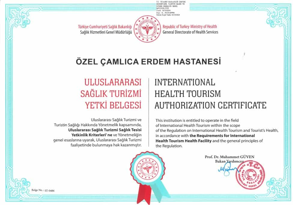 Certificado del Hospital Erdem otorgado por el Ministerio de Salud de la República de Turquía