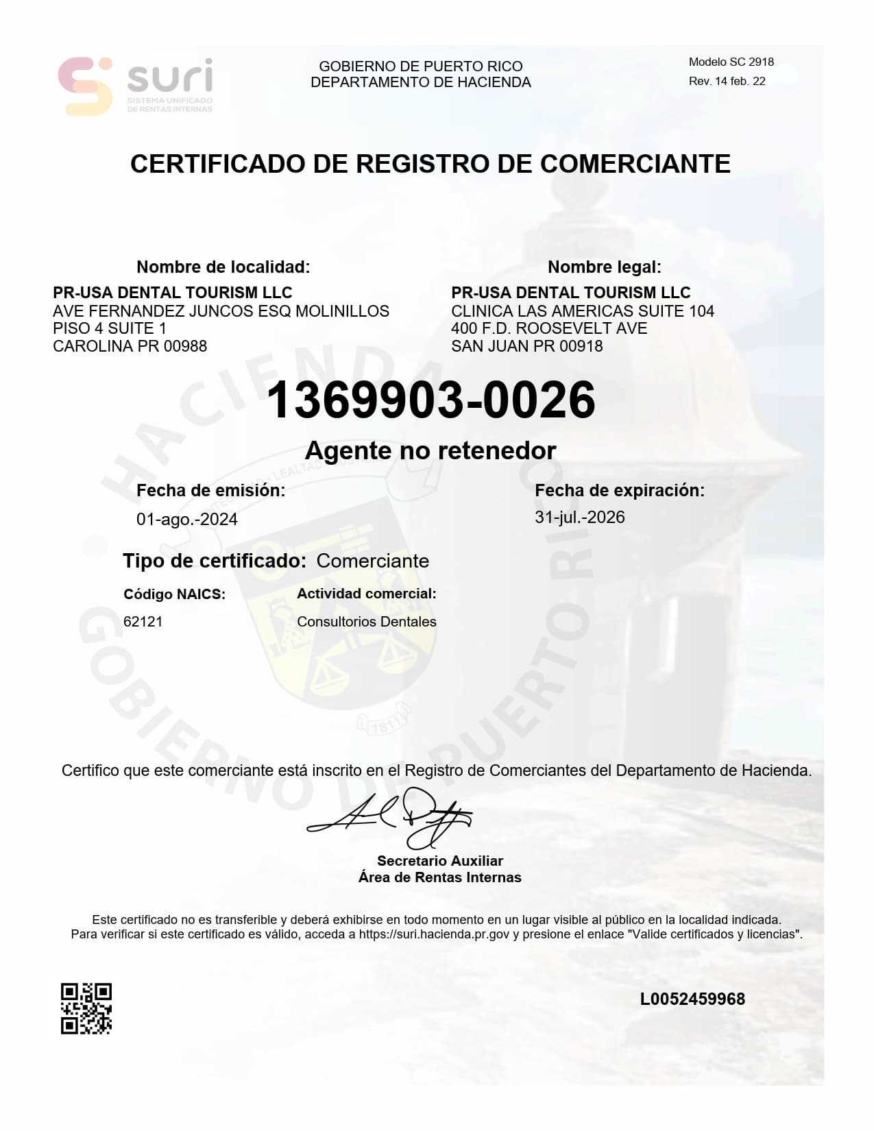 PR USA Dental Tourism Certificate