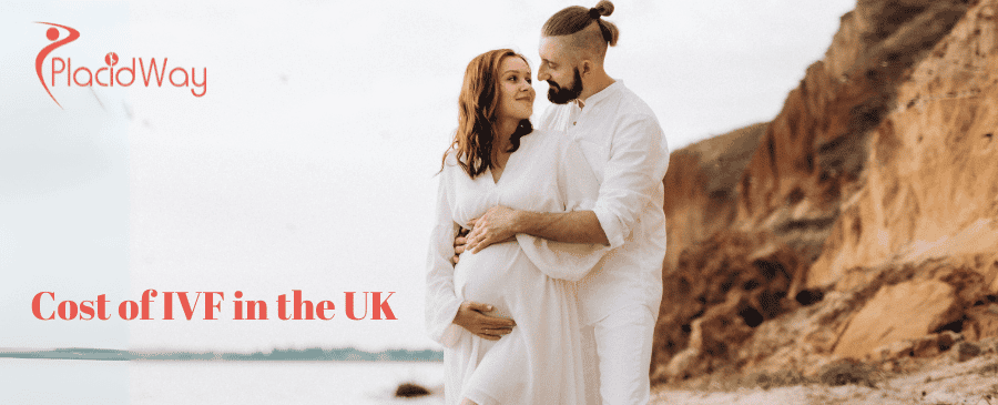 Happy couple expecting a baby standing on a beach, representing the cost of IVF in the UK with PlacidWay.