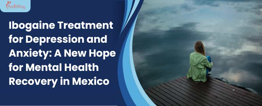 A person in a green jacket sits contemplatively on a wooden dock over calm water, with text about ibogaine treatment for mental health recovery in Mexico.