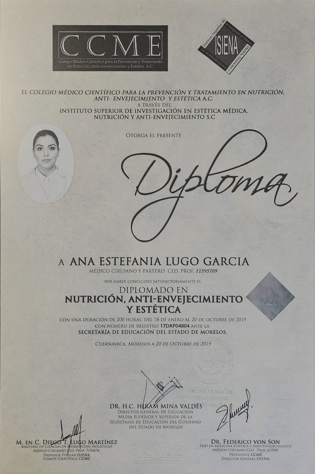 Dra. Ana Lugo Certificate